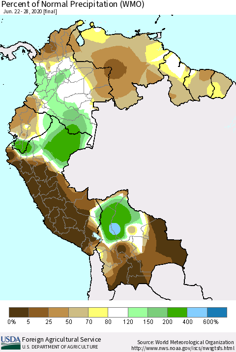 Northern South America Percent of Normal Precipitation (WMO) Thematic Map For 6/22/2020 - 6/28/2020