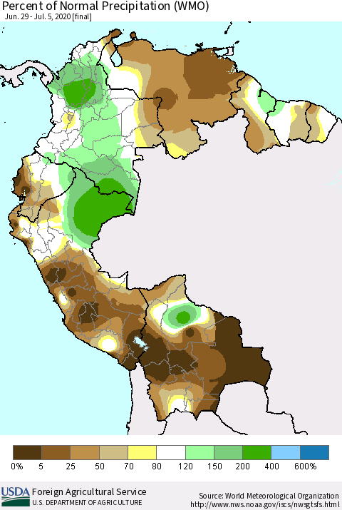 Northern South America Percent of Normal Precipitation (WMO) Thematic Map For 6/29/2020 - 7/5/2020
