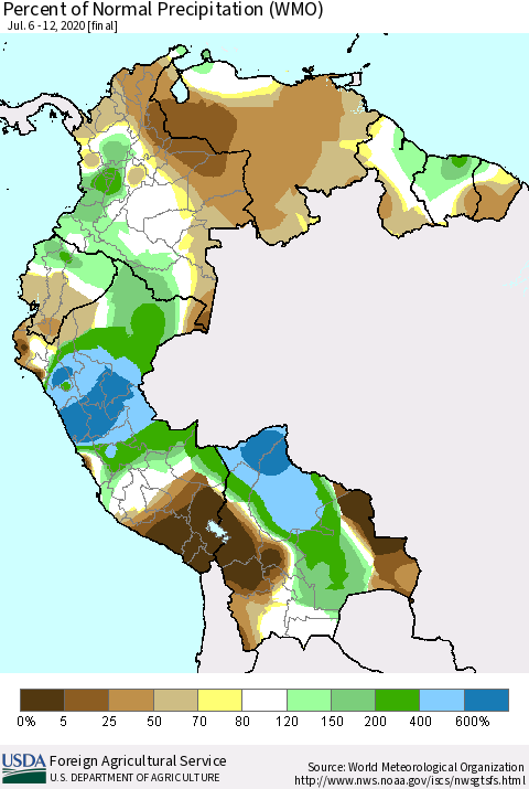 Northern South America Percent of Normal Precipitation (WMO) Thematic Map For 7/6/2020 - 7/12/2020