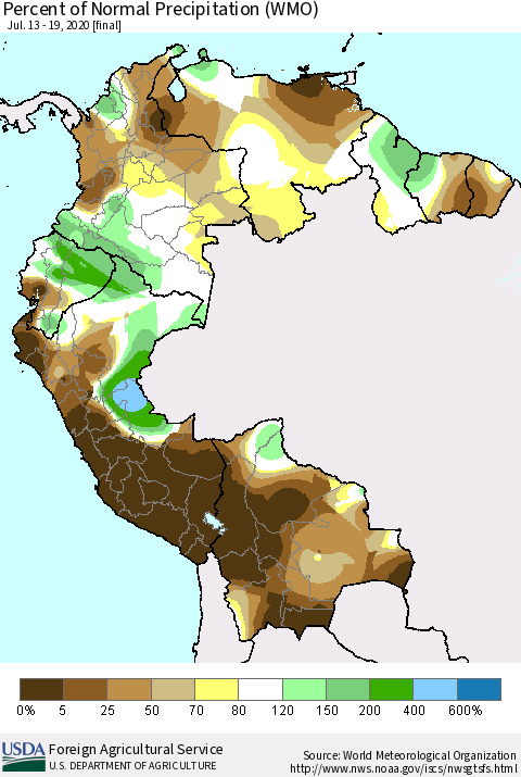 Northern South America Percent of Normal Precipitation (WMO) Thematic Map For 7/13/2020 - 7/19/2020