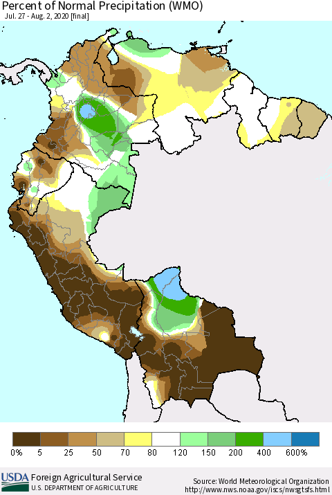 Northern South America Percent of Normal Precipitation (WMO) Thematic Map For 7/27/2020 - 8/2/2020