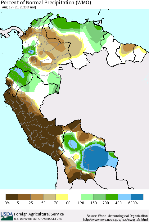Northern South America Percent of Normal Precipitation (WMO) Thematic Map For 8/17/2020 - 8/23/2020