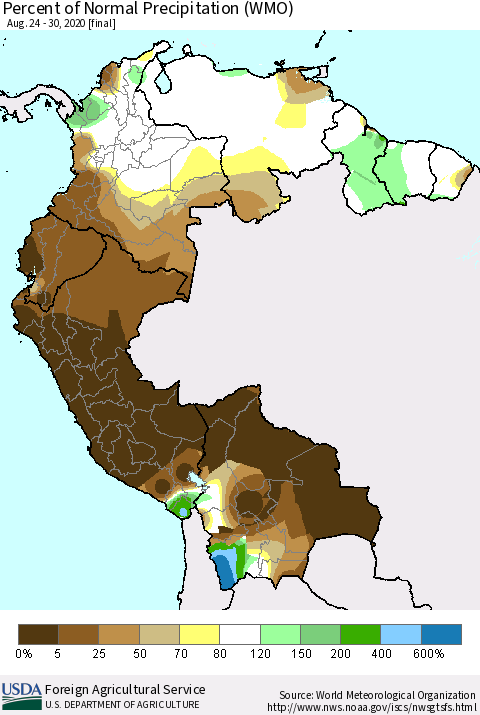 Northern South America Percent of Normal Precipitation (WMO) Thematic Map For 8/24/2020 - 8/30/2020