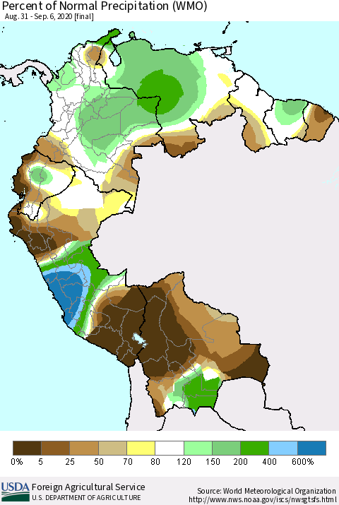 Northern South America Percent of Normal Precipitation (WMO) Thematic Map For 8/31/2020 - 9/6/2020