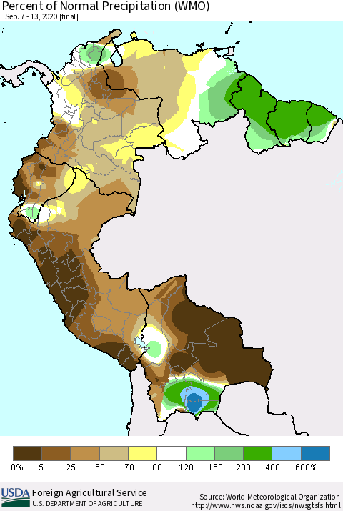 Northern South America Percent of Normal Precipitation (WMO) Thematic Map For 9/7/2020 - 9/13/2020