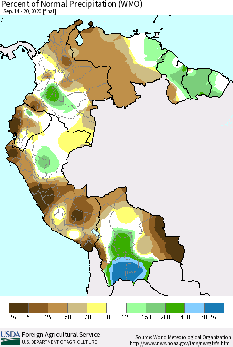 Northern South America Percent of Normal Precipitation (WMO) Thematic Map For 9/14/2020 - 9/20/2020