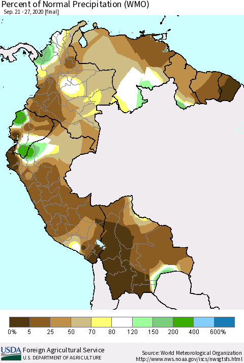 Northern South America Percent of Normal Precipitation (WMO) Thematic Map For 9/21/2020 - 9/27/2020