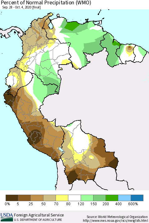 Northern South America Percent of Normal Precipitation (WMO) Thematic Map For 9/28/2020 - 10/4/2020