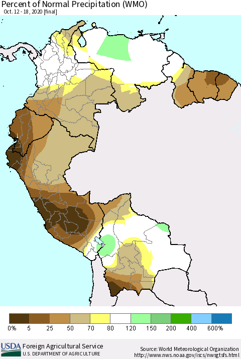 Northern South America Percent of Normal Precipitation (WMO) Thematic Map For 10/12/2020 - 10/18/2020
