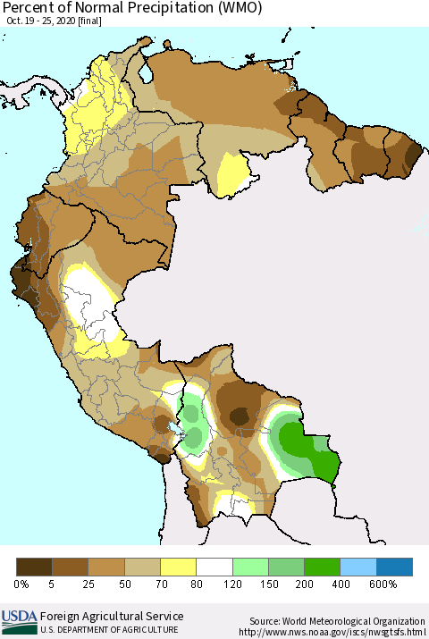 Northern South America Percent of Normal Precipitation (WMO) Thematic Map For 10/19/2020 - 10/25/2020