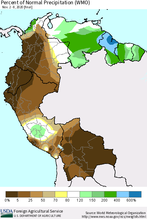 Northern South America Percent of Normal Precipitation (WMO) Thematic Map For 11/2/2020 - 11/8/2020