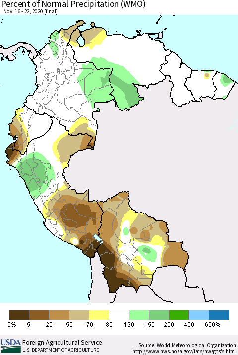 Northern South America Percent of Normal Precipitation (WMO) Thematic Map For 11/16/2020 - 11/22/2020