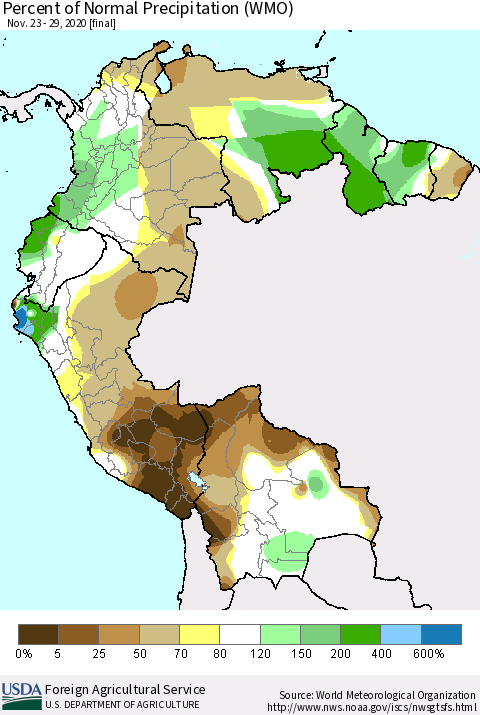 Northern South America Percent of Normal Precipitation (WMO) Thematic Map For 11/23/2020 - 11/29/2020