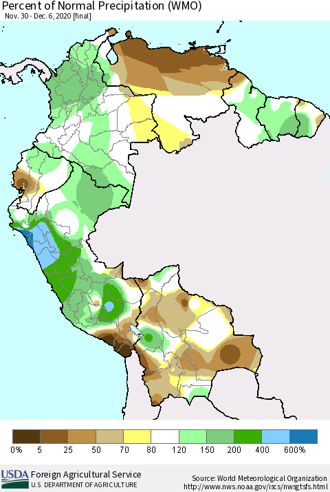 Northern South America Percent of Normal Precipitation (WMO) Thematic Map For 11/30/2020 - 12/6/2020