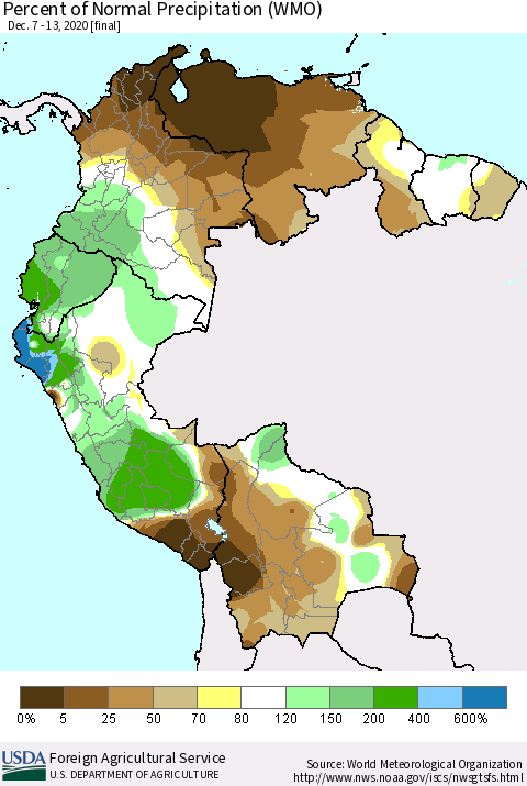 Northern South America Percent of Normal Precipitation (WMO) Thematic Map For 12/7/2020 - 12/13/2020