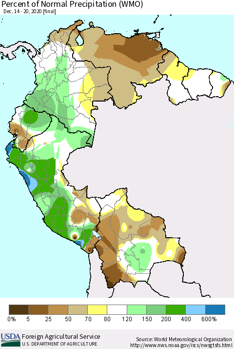 Northern South America Percent of Normal Precipitation (WMO) Thematic Map For 12/14/2020 - 12/20/2020