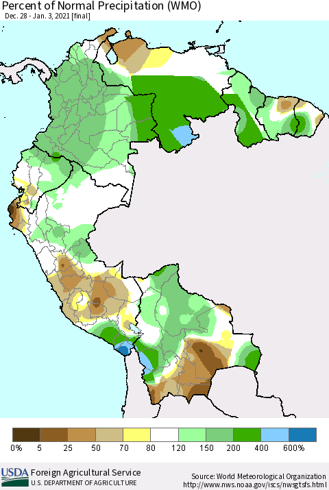 Northern South America Percent of Normal Precipitation (WMO) Thematic Map For 12/28/2020 - 1/3/2021