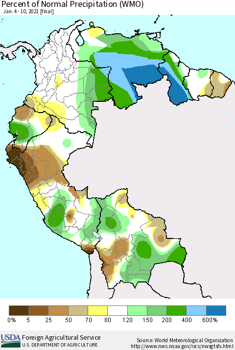 Northern South America Percent of Normal Precipitation (WMO) Thematic Map For 1/4/2021 - 1/10/2021