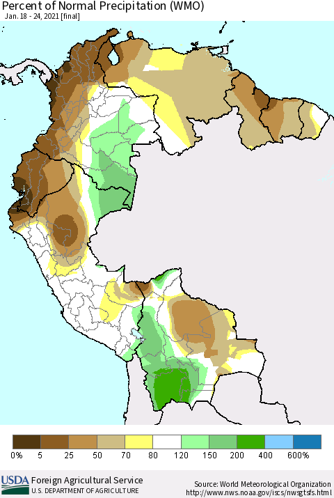 Northern South America Percent of Normal Precipitation (WMO) Thematic Map For 1/18/2021 - 1/24/2021