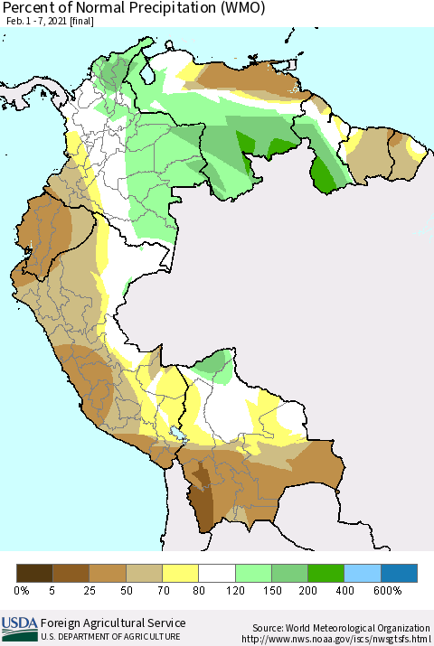 Northern South America Percent of Normal Precipitation (WMO) Thematic Map For 2/1/2021 - 2/7/2021