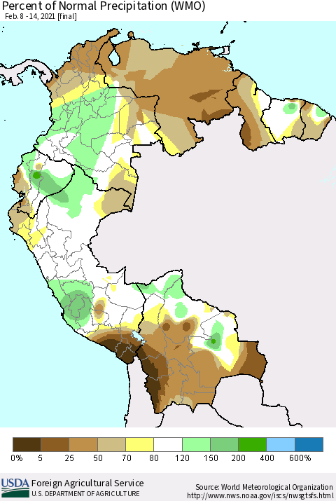 Northern South America Percent of Normal Precipitation (WMO) Thematic Map For 2/8/2021 - 2/14/2021