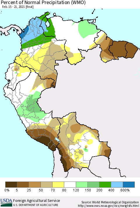 Northern South America Percent of Normal Precipitation (WMO) Thematic Map For 2/15/2021 - 2/21/2021