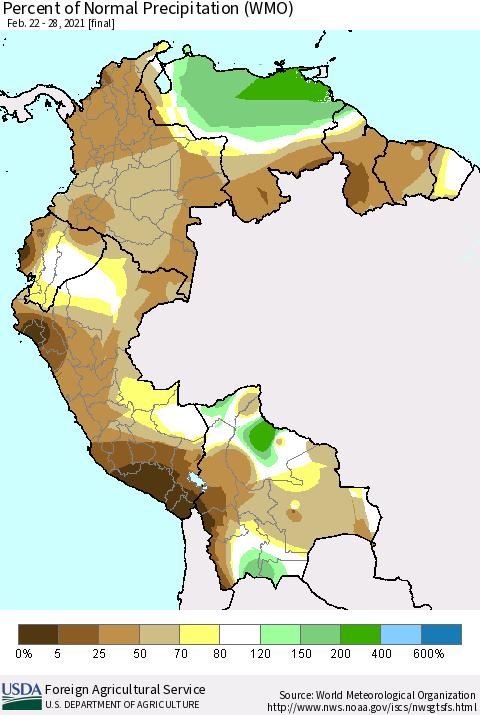 Northern South America Percent of Normal Precipitation (WMO) Thematic Map For 2/22/2021 - 2/28/2021