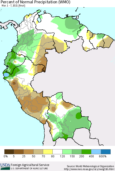 Northern South America Percent of Normal Precipitation (WMO) Thematic Map For 3/1/2021 - 3/7/2021