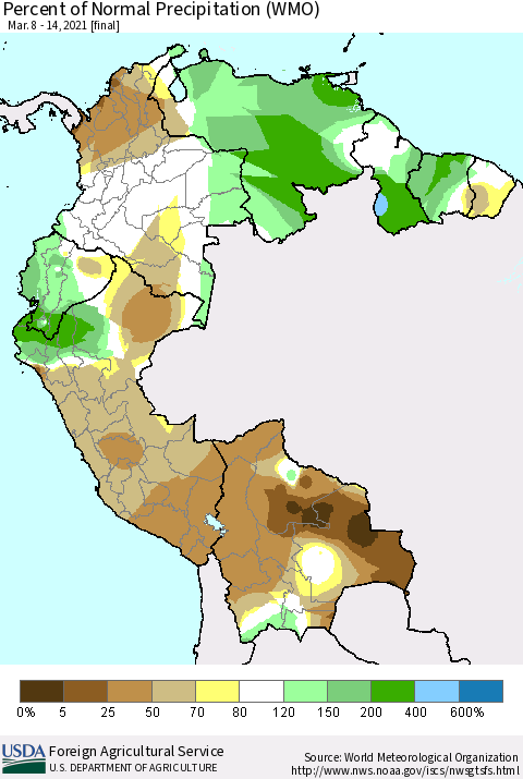 Northern South America Percent of Normal Precipitation (WMO) Thematic Map For 3/8/2021 - 3/14/2021