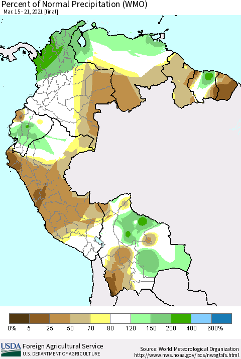 Northern South America Percent of Normal Precipitation (WMO) Thematic Map For 3/15/2021 - 3/21/2021