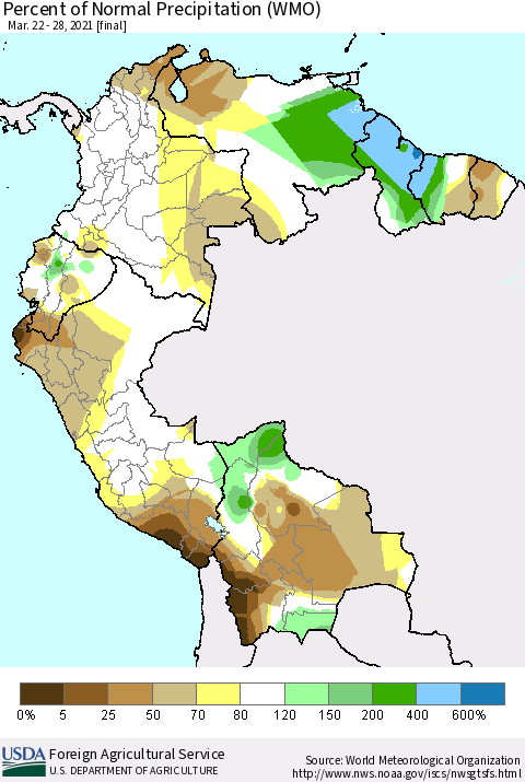 Northern South America Percent of Normal Precipitation (WMO) Thematic Map For 3/22/2021 - 3/28/2021