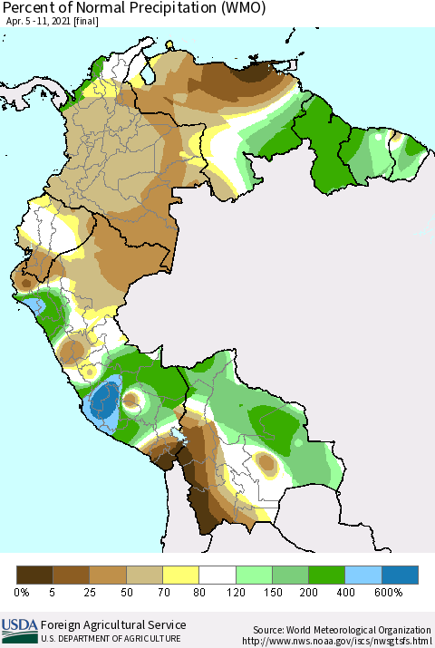 Northern South America Percent of Normal Precipitation (WMO) Thematic Map For 4/5/2021 - 4/11/2021