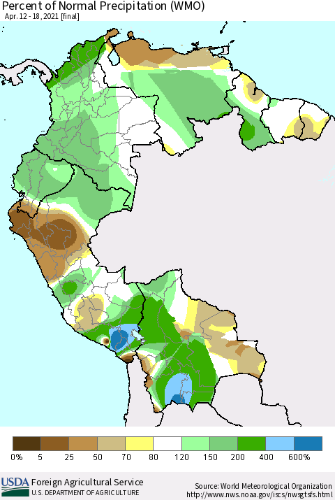 Northern South America Percent of Normal Precipitation (WMO) Thematic Map For 4/12/2021 - 4/18/2021