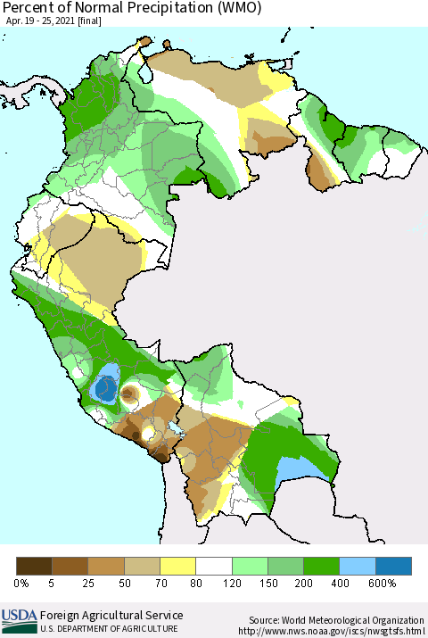 Northern South America Percent of Normal Precipitation (WMO) Thematic Map For 4/19/2021 - 4/25/2021