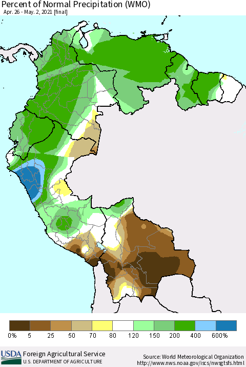 Northern South America Percent of Normal Precipitation (WMO) Thematic Map For 4/26/2021 - 5/2/2021
