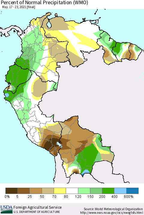 Northern South America Percent of Normal Precipitation (WMO) Thematic Map For 5/17/2021 - 5/23/2021