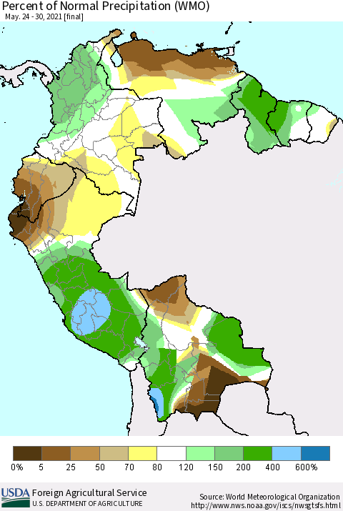 Northern South America Percent of Normal Precipitation (WMO) Thematic Map For 5/24/2021 - 5/30/2021