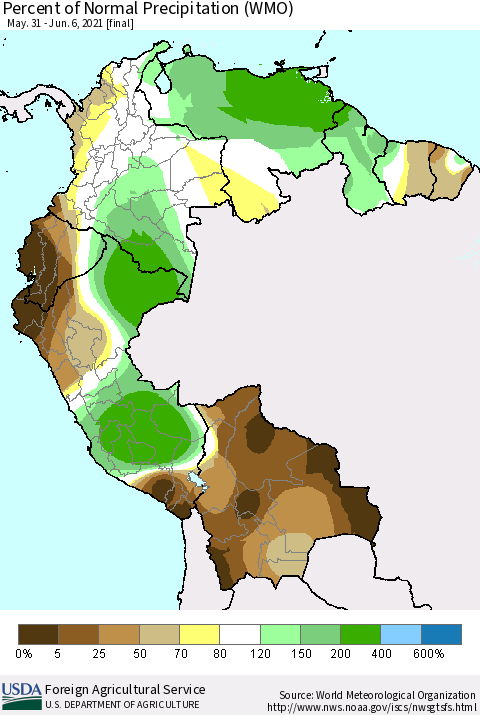 Northern South America Percent of Normal Precipitation (WMO) Thematic Map For 5/31/2021 - 6/6/2021