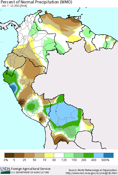 Northern South America Percent of Normal Precipitation (WMO) Thematic Map For 6/7/2021 - 6/13/2021