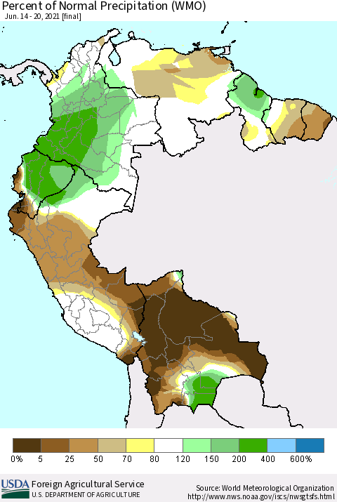 Northern South America Percent of Normal Precipitation (WMO) Thematic Map For 6/14/2021 - 6/20/2021