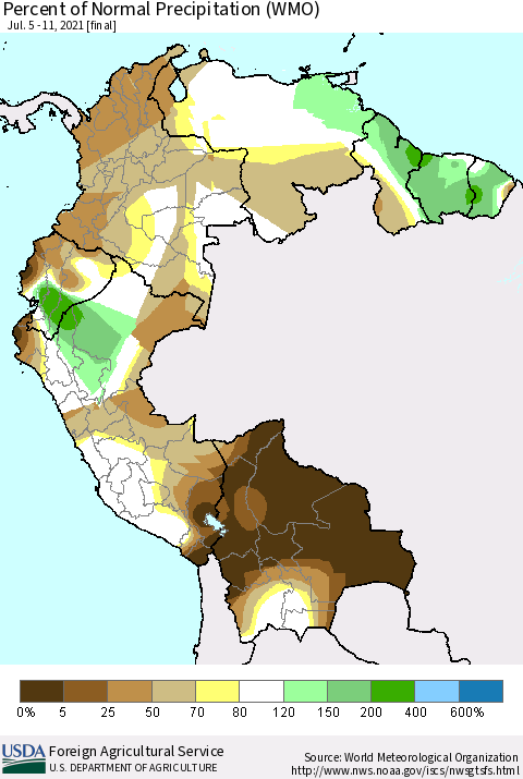 Northern South America Percent of Normal Precipitation (WMO) Thematic Map For 7/5/2021 - 7/11/2021