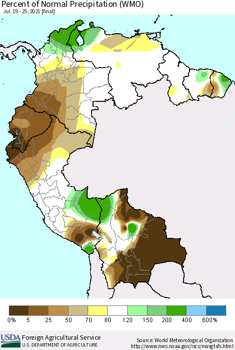 Northern South America Percent of Normal Precipitation (WMO) Thematic Map For 7/19/2021 - 7/25/2021