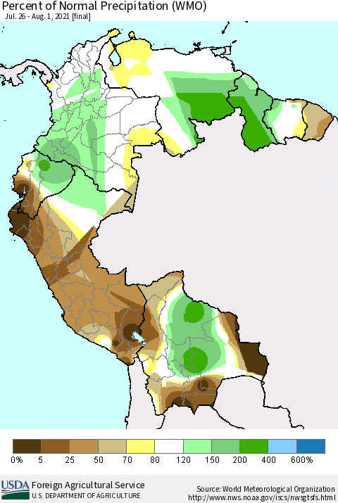 Northern South America Percent of Normal Precipitation (WMO) Thematic Map For 7/26/2021 - 8/1/2021