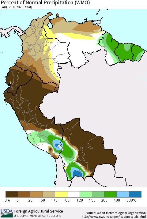 Northern South America Percent of Normal Precipitation (WMO) Thematic Map For 8/2/2021 - 8/8/2021