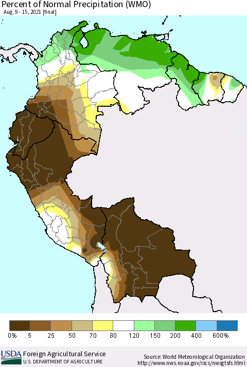 Northern South America Percent of Normal Precipitation (WMO) Thematic Map For 8/9/2021 - 8/15/2021