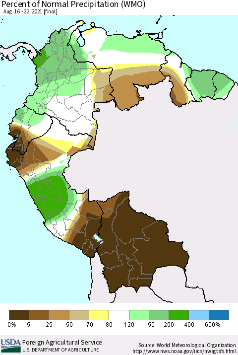 Northern South America Percent of Normal Precipitation (WMO) Thematic Map For 8/16/2021 - 8/22/2021