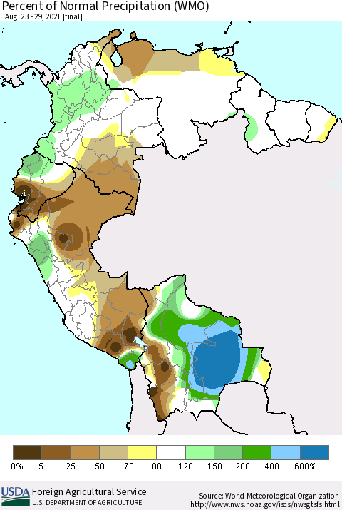 Northern South America Percent of Normal Precipitation (WMO) Thematic Map For 8/23/2021 - 8/29/2021