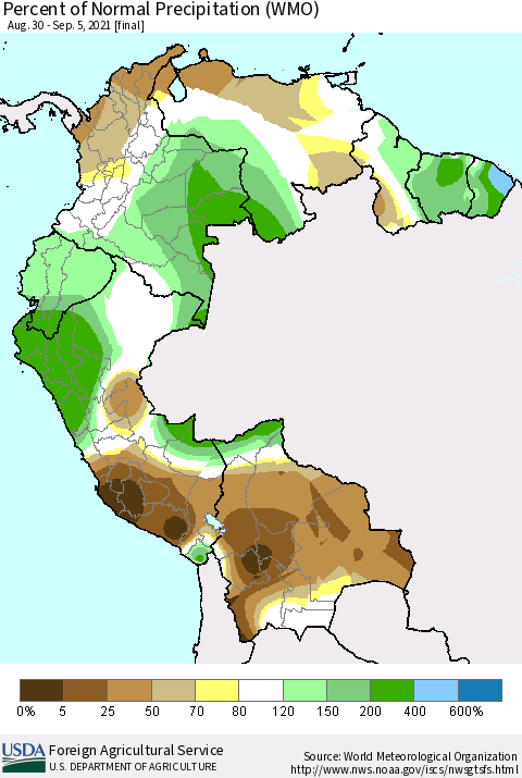 Northern South America Percent of Normal Precipitation (WMO) Thematic Map For 8/30/2021 - 9/5/2021