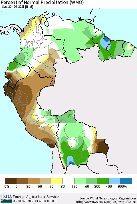 Northern South America Percent of Normal Precipitation (WMO) Thematic Map For 9/20/2021 - 9/26/2021