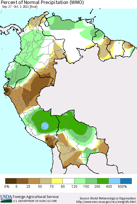 Northern South America Percent of Normal Precipitation (WMO) Thematic Map For 9/27/2021 - 10/3/2021